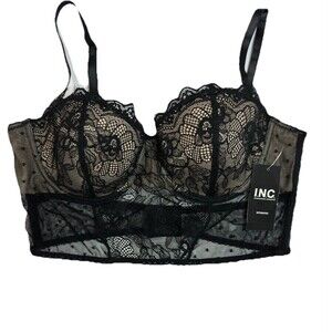 INC International Concepts Lace Longline Bra Removable Straps Deep Black Large
